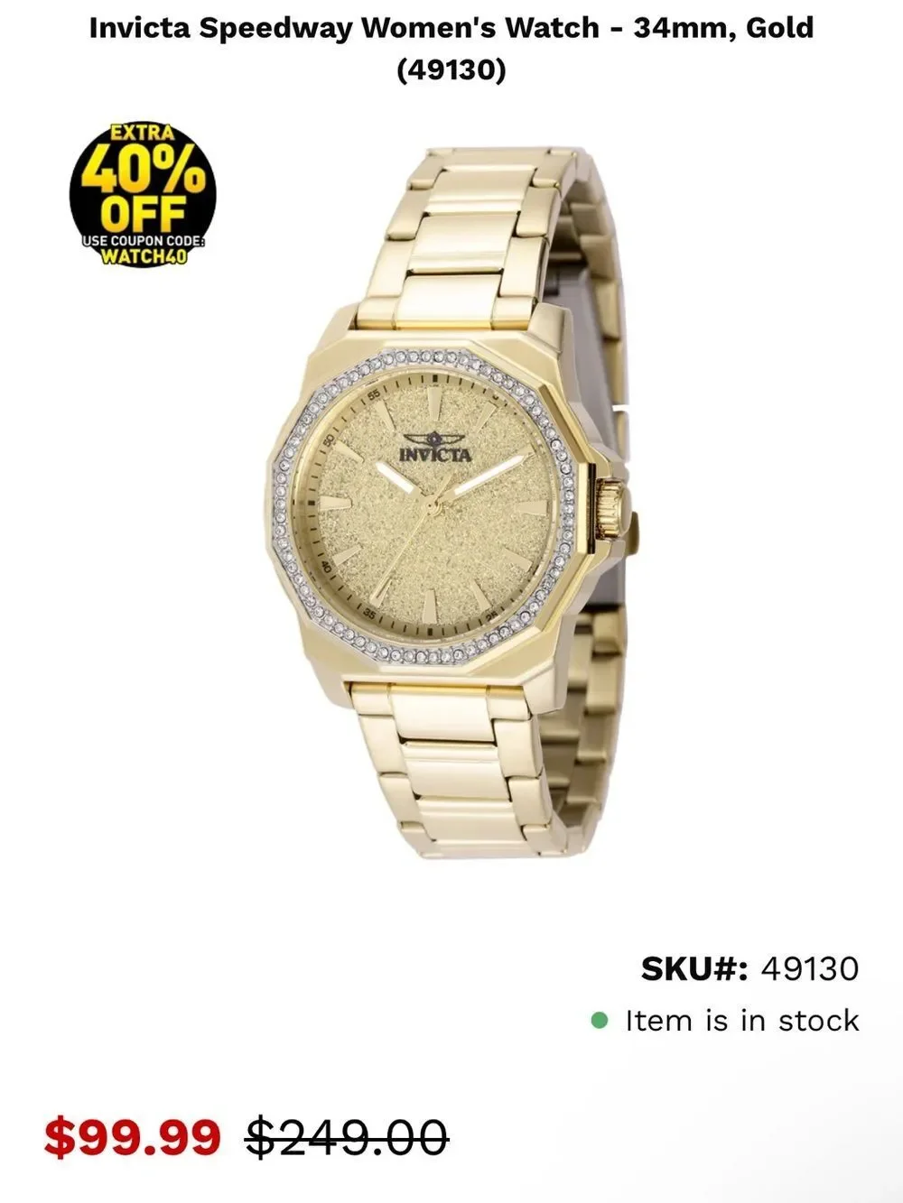 Invicta Speedway Women’s Watch 34mm Gold-Tone Bracelet Glitter Dial 49130